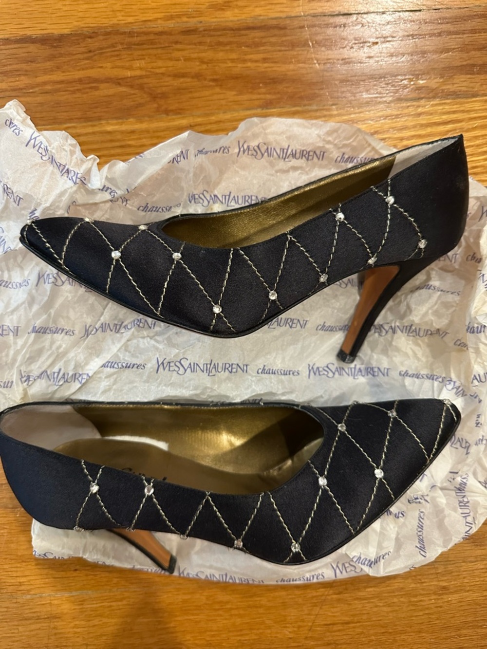 Yves Saint Laurent Black Quilted Satin Flats with Rhinestones